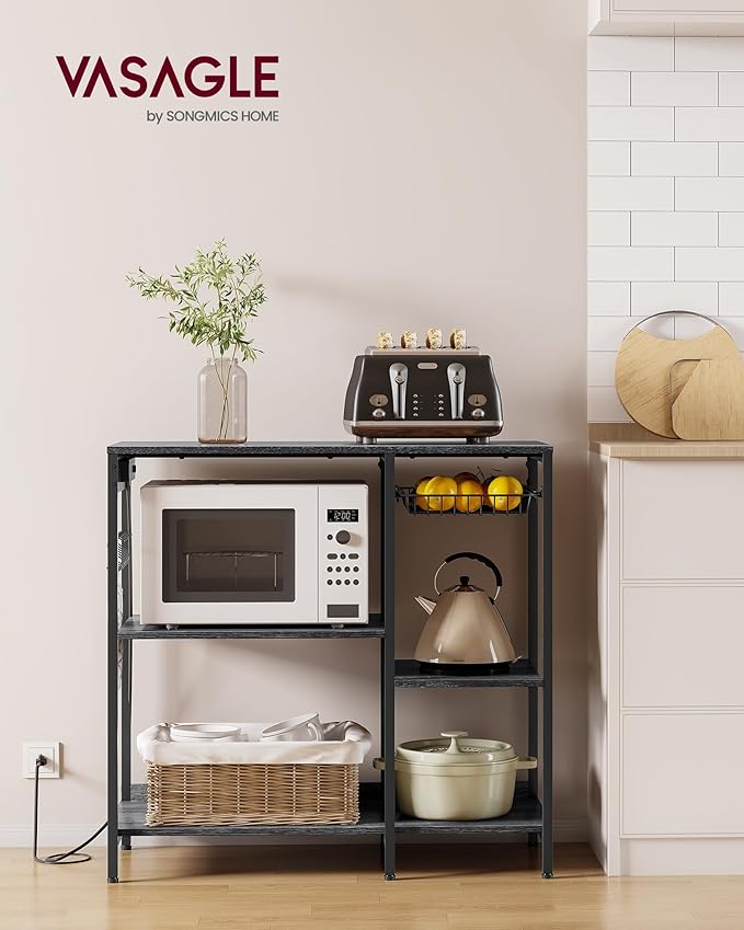 VASAGLE Baker's Rack, Coffee Bar Stand with Charging Station, 35.6 Inches Tall, Storage Shelves, Pull-Out Wire Basket, Table for Microwave, Kitchen, Charcoal Gray and Ink Black UKKS036B22
