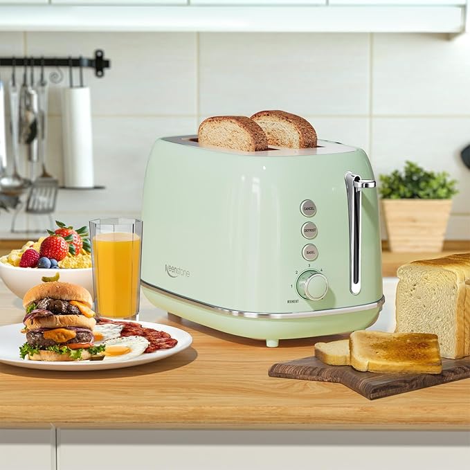 2 Slice Stainless Steel Toaster Retro with 6 Bread Shade Settings, Bagel, Cancel, Defrost Function, Extra Wide Slot, Removable Crumb Tray Green
