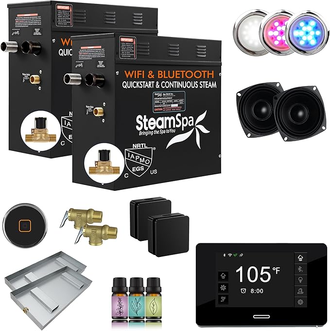 SteamSpa Steam System 21kW Steam Shower Generator with Bluetooth Wifi, Quickstart Continous Steam, Advanced Touch Pad Screen, Chroma Lights, Drain Pan and Auto Drain Black RVBS2100BK-A