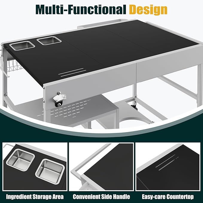 Shintenchi Pizza Oven Cart Table with Topping Station and Wheels, Outdoor Tabletop Grill Table Stand, Movable Food Prep Workcart Fits for Ninja and Blackstone Woodfire Grill
