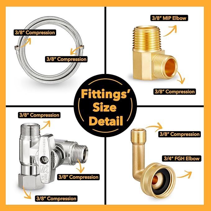 Dishwasher Hose Installation Kit - Includes Water Supply Line, 3/8" Compression Water Splitter, 3/4" FHT Elbow, and 3/8" MIP Elbow (8 FT)