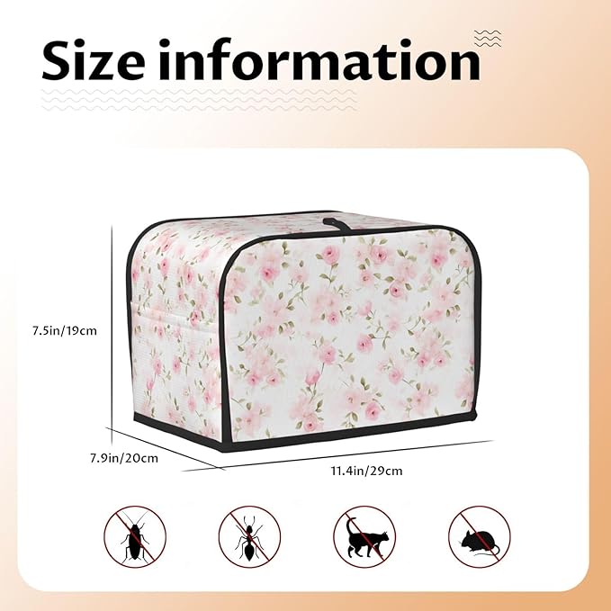 2 Slice Toaster Cover for Kitchen Rose Flower Pastel Waterproof and Dustproof Oxford Fabric Toaster Dust Cover with Side Pockets Decorative Universal Cover for Wide Slot Toasters and Small Appliances