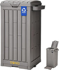 DWVO 38 Gallon Outdoor Trash Can, Resin Garbage Bin with Lid, Includes 2 Sorting Labels, Ash Holder, Stakes & Suction Cups, Hideaway Storage for Patio Backyard Garden, Light Brown