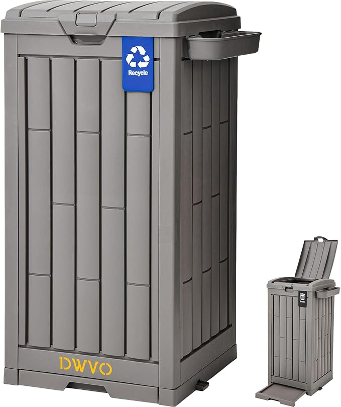 DWVO 38 Gallon Outdoor Trash Can, Resin Garbage Bin with Lid, Includes 2 Sorting Labels, Ash Holder, Stakes & Suction Cups, Hideaway Storage for Patio Backyard Garden, Light Brown