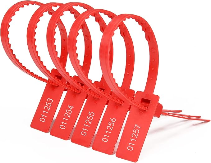 Heavy Duty Plastic Security Seal - Self Locking Tamper Evident Shipping Tags, Numbered Pull Tight Securing Straps for Truck Trailer, Length 337 mm 13.2" (Red 500 PCS)