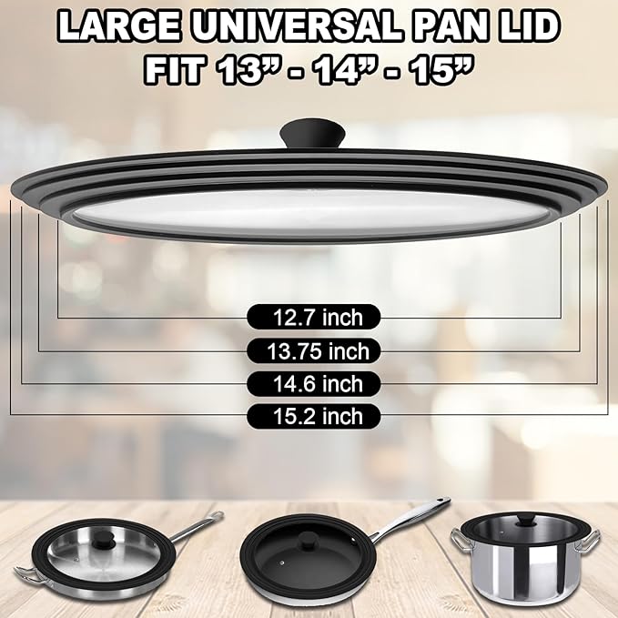 15 Inch Universal Pan Lid, Heat Resistant Frying Pan Lid, Silicone & Tempered Glass Lid for 13-15 Inch Pots and Pans