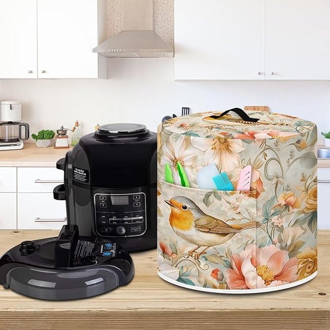TODIYADDU Soft Floral Bird Pressure Cooker Cover with Handle Fashion Kitchen Appliance Dust Covers for Instant Pot Portable Air Fryer Dust Cover Round Protective Cover Bag Trendy Home Decor Gifts, M