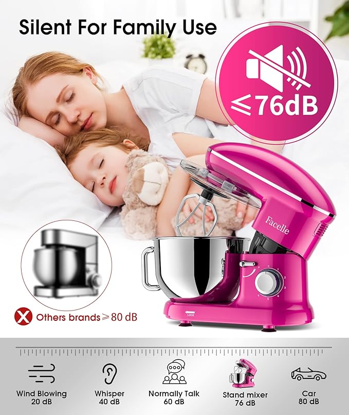 Facelle Stand Mixer, Electric Kitchen Mixer, 660W 6 Speed Tilt-Head stand mixer with Pulse, Attachments include 6.5QT Bowl, Dishwasher Safe Beater,Dough Hook,Whisk for Dough,Baking,Cakes,Cookie-Purple