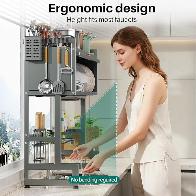 Over The Sink Dish Drying Rack with Cover, Over The Sink Dish Drainer Drying Rack 3 Tier Dish Rack, Keep Kitchen Sink Shlef Organized Space-Saving for Dishes and Cutlery (Matte Gray, 33.4" Length)