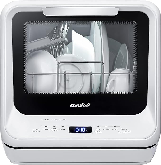 COMFEE' Portable Dishwasher Countertop with 5L Built-in Water Tank, No Hookup Needed, 6 Programs, 360° Dual Spray, 192℉ High-Temp& Air-Dry Function, Mini Dishwasher for RVs, White