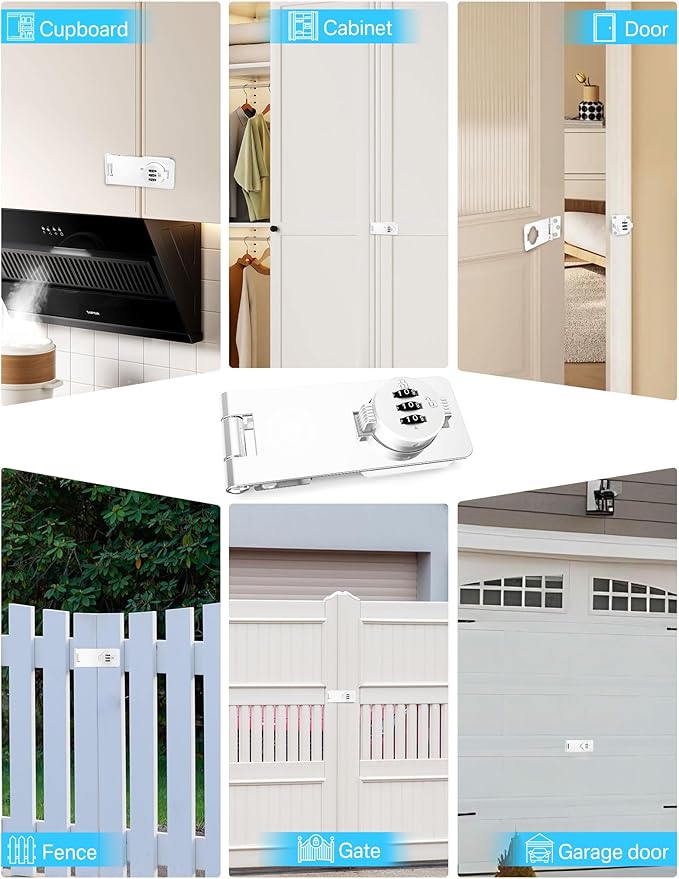 Keyless Cabinet Combination Lock, 3-Digit Password Twist Knob Hasp Latch for Doors, Cabinets, Drawers, Barn Door, Bathroom, Outdoor, Closet, Fence, Durable Zinc Alloy, (White, 2 Pack)