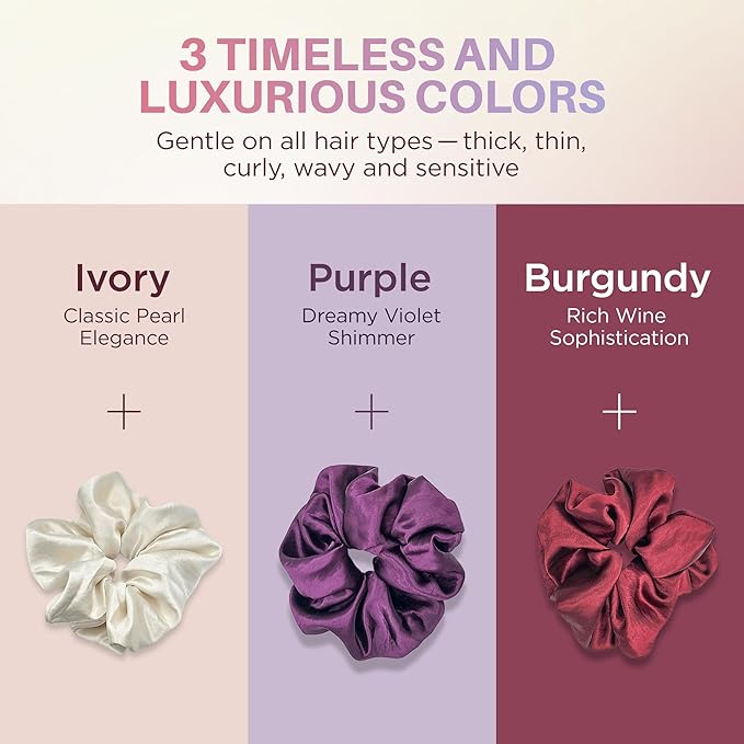 3-Pack Oversized Pearlized Satin Scrunchies for Women - Shimmer Large Scrunchies, Ivory, Purple, Burgundy
