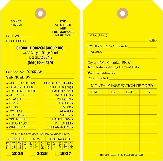 Tags 4 Less Custom Fire Extinguisher Tags – Preventative Maintenance Labels for Monthly Inspections, Alternative to Safety Sticker for Easy Record-Keeping – Pack of 100 (Yellow, Cardboard)