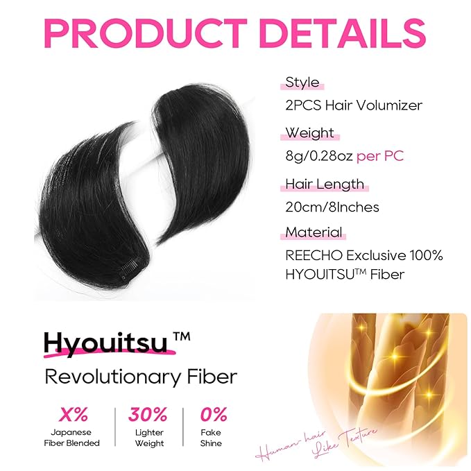 REECHO Clip in Hair Volumizer, Short Thick Clip in Hairpieces Adding Extra Hair Volume Extensions for Women with Thin Fine (Black, 8 Inch(Pack of 2))