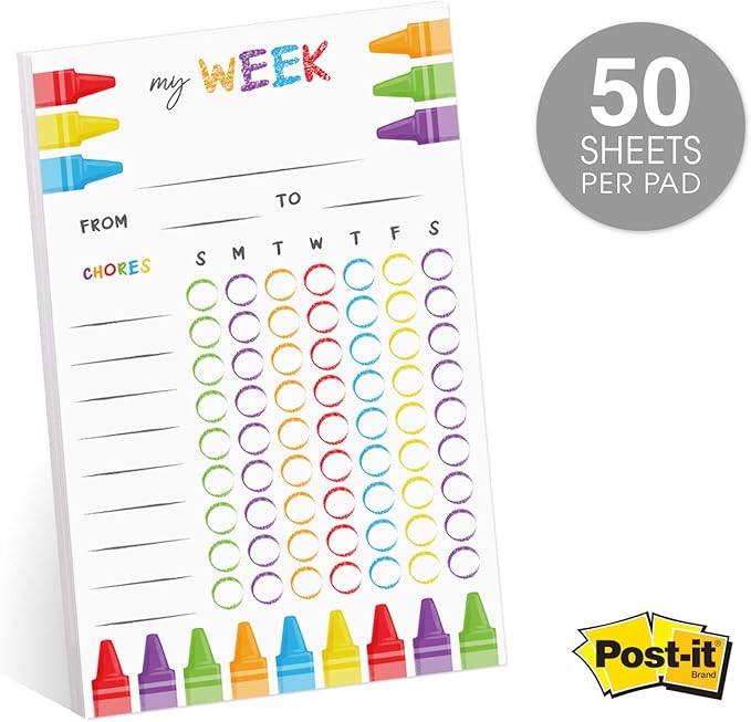 Cheerful Crayon Design Weekly Chore Chart / 6" x 10" Sticky Note Fill in Task List/Fun Week Assignment List