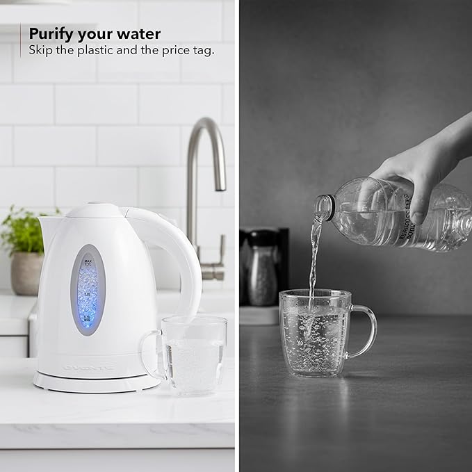 OVENTE Electric Kettle, 1.7L Fast Boiling Water Heater for Coffee or Tea, BPA Free with Water Level Gauge, Auto Shut-Off, Boil-Dry Protection, Indicator Light and Removable Filter, White KP72W