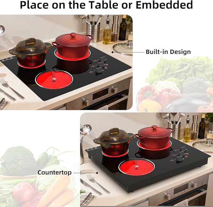 VBGK Electric Cooktop,24 inch 220V Electric Stove Top,Touch and Knob Control,LED,9 Power Levels, Kids Lock &Timer,Overheat Protection,5000W 3 burner cooktop.