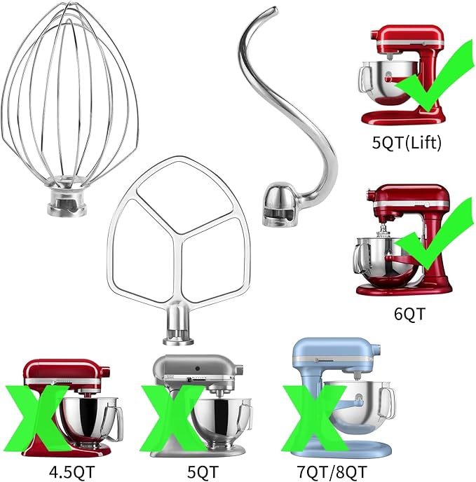 Stainless Steel 3 Piece kit Attachments，Dough Hook 6 Wire Whisk Flat Beater Compatible with KitchenAid 5Plus -6QT Mixer，Bowl Lift Stand Mixer Accessory，Rust Resistant，Dishwasher Safe