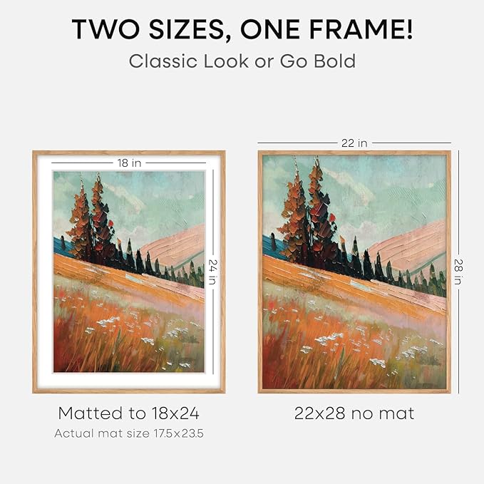 Homeforia Wooden Poster Frame 22x28, High End Natural Oak 22 x 28 Picture Frame with Mat 18 by 24, 22x28 Light Wood Frame Matted to 18x24 Photo, 28by22 Large Frames, Tempered Glass, Wall Kit, Set of 3