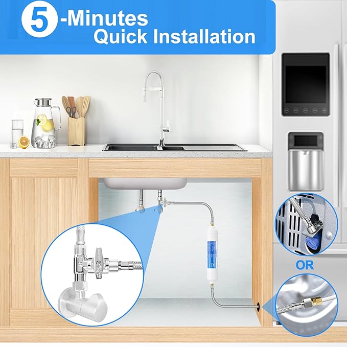 Fridge Water Line Kit - 20FT Premium Stainless Steel Braided Refrigerator Water Line with Tee Stop Valve,Foodgrade PEX Inner Tube Ice Maker Water Line with 1/4" Fittings for Refrigerator Ice Maker