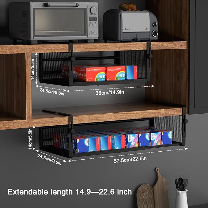 2Pack Under Shelf Basket, Adjustable Hanging Under Cabinet Shelf Storage, Hanging Holder Length Stretchable 14.9-22.6Inch for Kitchen Pantry Desk Counter Bookshelf Cupboard (Black)