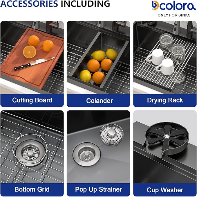 Dcolora 36 In. Black Kitchen Sink with Cup Washer, Large Single Bowl Drop In Installation, Heavy Duty 16 Gauge 304 Stainless Steel, Workstation with Valued Accessories, 36"x22"x10" #DC-T2533003BWS