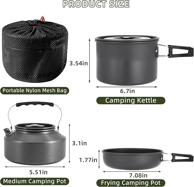 aiGear Camping Cooking Set Cookware Mess Kit with Storage Bag Pot Pan and Teapot Set Camping Accessories for Outdoor Camping Hiking Picnic Portable and Lightweight Aluminum Color Green,Black,Orange