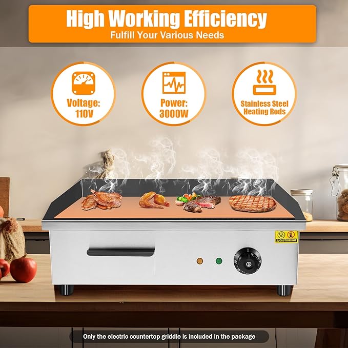 3000W Commercial Electric Griddle, Electric Countertop Griddle, Stainless Steel Teppanyaki Flat Top Grill for Processing Pancakes Steaks Hamburgers