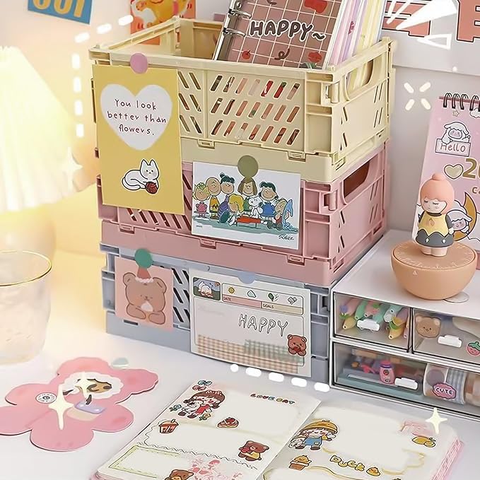 Small Pastel Plastic Storage Bins 2Pcs Foldable Pastel Crates Plastic Basket Colorful Storage Containers Baskets for Classroom Kitchen Office Bedroom Desktop Home Decor (Pink 5.8" x 3.8" x 2.2")