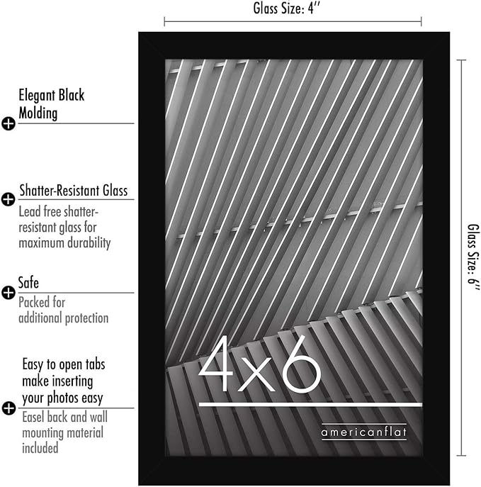 Americanflat 4x6 Picture Frame with Shatter-Resistant Glass - Streamline Collection - Thin Border Photo Frame for Tabletop and Wall Display - Hanging Hardware and Easel Stand Included - Black