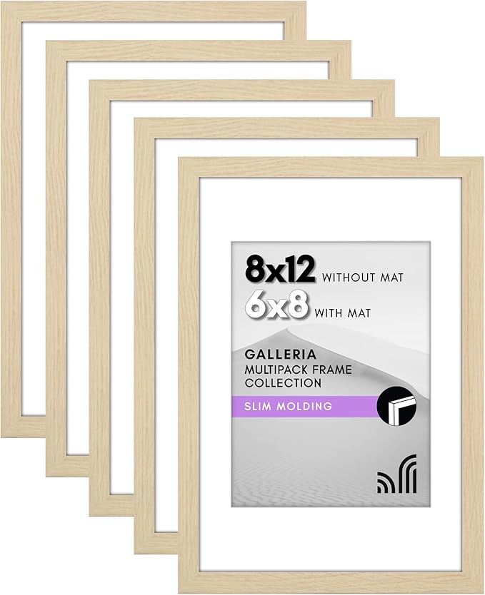Americanflat 8x12 Picture Frame with Polished Plexiglass - Set of 5 - Use as 6x8 Frame with Mat or Display 8x12 Photo Without Mat - Galleria Collection - Picture Frames for Wall Display - Natural Oak