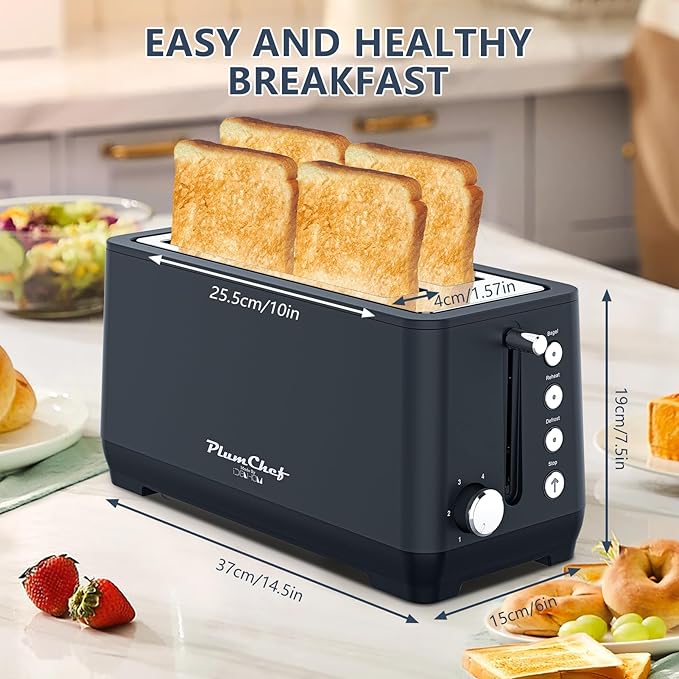 4-Slice Toaster, Extra Wide Long Slot Toaster, Removable Crumb Tray, 6 Browning Settings, Bagel/Defrost/Reheat Functions,Stainless Steel Housing 1500W, Matte Blue