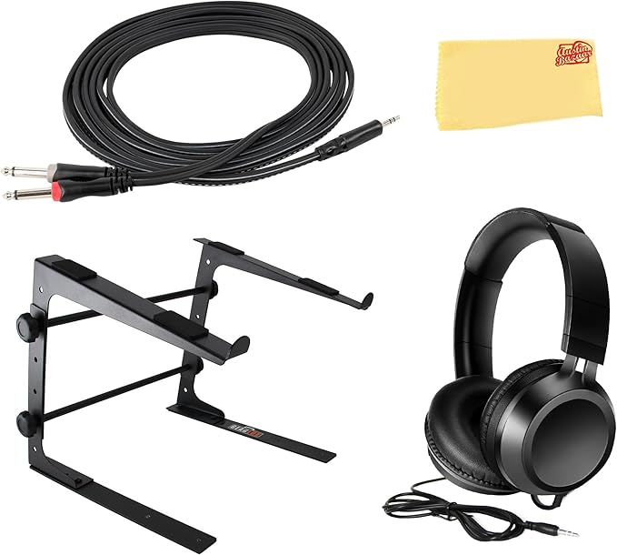 AlphaTheta DDJ-GRV6 4-Channel Performance DJ Controller Bundle with Laptop Stand, Headphones, TRS-to-Dual-TS Stereo Breakout Cable, and Austin Bazaar Polishing Cloth