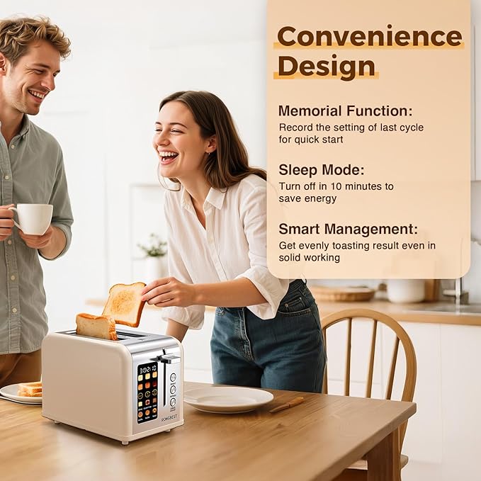 2 Slice Easy Touch Screen Toaster, Stainless Steel Toaster with Wide Slots, Even Toasting for Bagels & Bread, Reheat & Defrost, Removable Crumb Tray, Cream Color