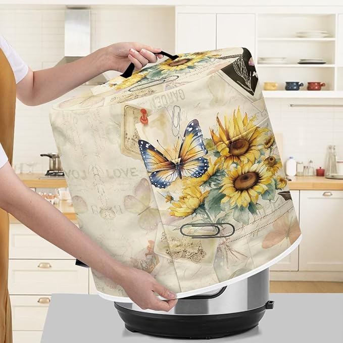Insulated Pressure Cooker Appliance Cover, Also Fit for Rice Cooker, Air Fryer and Crock Pot, 8 Qt Dust Cover with Pocket for Spoon/Cooking Utensils/Recipes, Butterfly Sunflower Retro