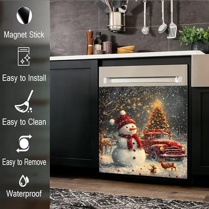 Christmas Snowman Dishwasher Magnet Cover, Winter Deer Dishwasher Cover Panel Decal for Front, Red Truck Magnetic Refrigerator Magnets Holiday Decor Kitchen Appliance Sticker, 26"x26"