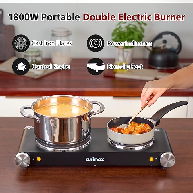 CUSIMAX Double Hot Plates Electric Burner, 1800W Countertop Cooktop with Adjustable Temperature Control, Hot Plates for Cooking Portable Electric Stove, Black Stainless Steel Cooktop, Upgraded Version