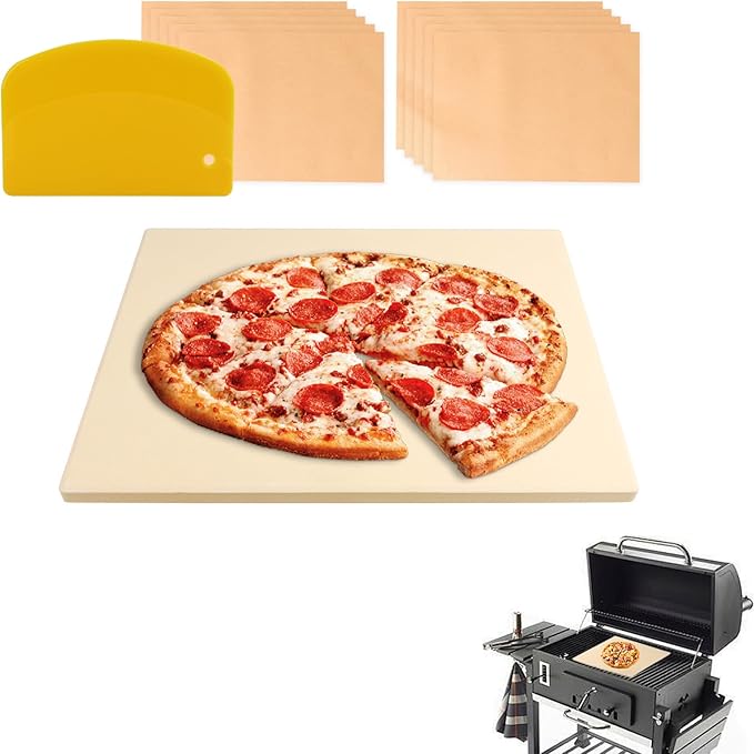 15x12 Inch Rectangle Pizza Stone for Oven and Grill, 0.6" Thick Heavy Duty Cordierite Bread Baking Stone for Crisp Pizza Cookies (With Scraper and Parchment Papers)