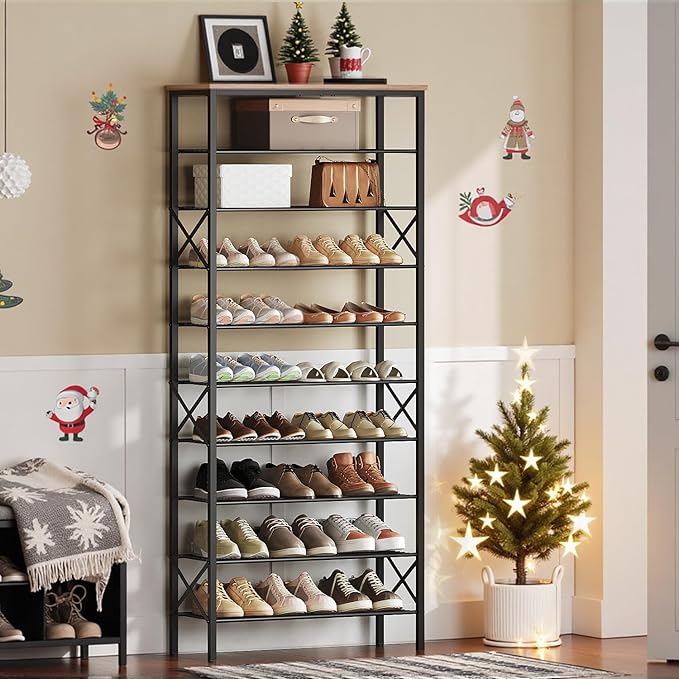 10 Tier Shoe Rack, Large Capacity Shoe Storage Organizer Holds 40 Pairs, Sturdy and Stable, for Entryway, Hallway, Closet, Dorm Room, Greige and Black SS10BG