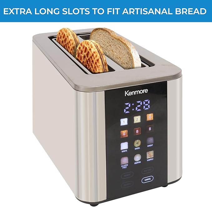 Kenmore 4-Slice Digital Touchscreen Toaster - 900W Stainless Steel, Wide Slots 6 Shade Settings, Bread Presets, Countdown Timer, Reheat & Defrost Functions Compact Countertop Design tostadora digital