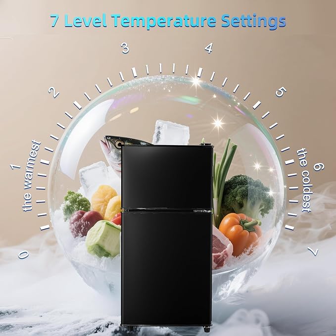 Mini Fridge with Freezer, 4.0 Cu. Ft. Double-Door Mini Refrigerator with 7-Level Adjustable Thermostat & Adjustable Glass Shelves, Compact Dorm Fridge 37 dB Low Noise for Bedroom, Apartment, Black