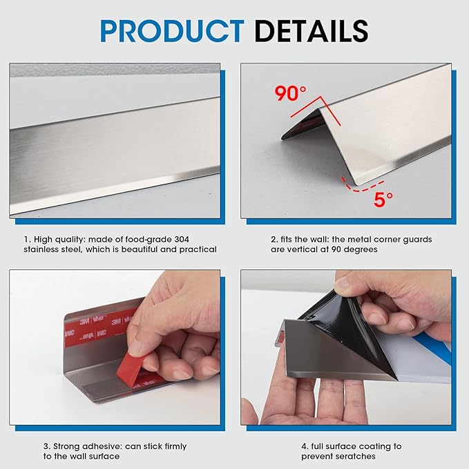 Stainless Steel Wall Corner Guards, 2 x 2 x 48 inches (6 Pcs Pack). Made of 304 Steel, These 90-Degree Angle Metal Corner Protectors are Designed for Wall Protection and Decoration