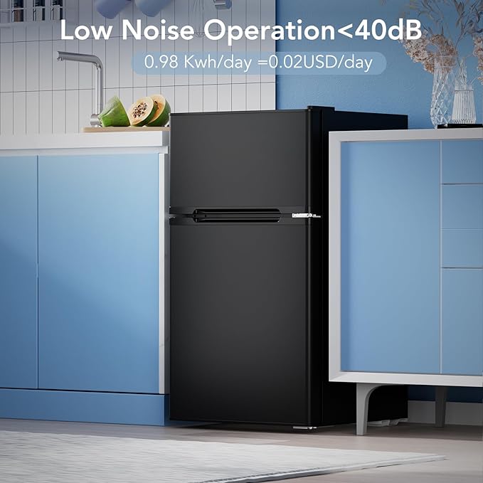 Mini Fridge with Freezer, 3.2 Cu.Ft Compact Refrigerator with 2 Doors, Small Fridge with Adjustable Thermostat & Removable Glass Shelves for Bedroom, Office, Dorm, or Apartment, Black