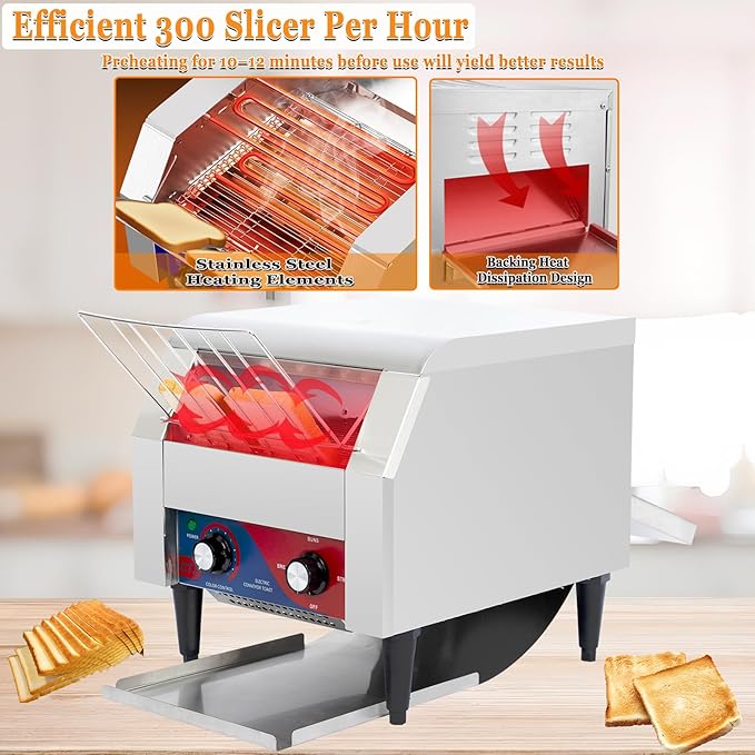 CTJ Commercial Toaster 300 Slices/Hour Electric Conveyor Belt Toaster Heavy Duty Stainless Steel Rotating Toasters Machince for Croissants Bun, Bagel, Bread