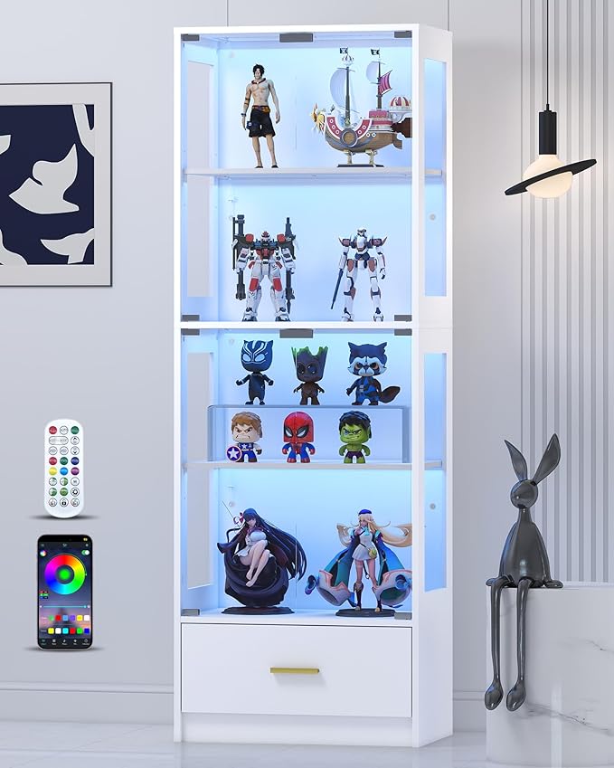 Display Cabinet with Glass Doors - 67" Curio Cabinet with RGB LED Lights and Drawer for Collectibles, 4 Tier Glass Display Case for Living Room, Office, White (Narrow)