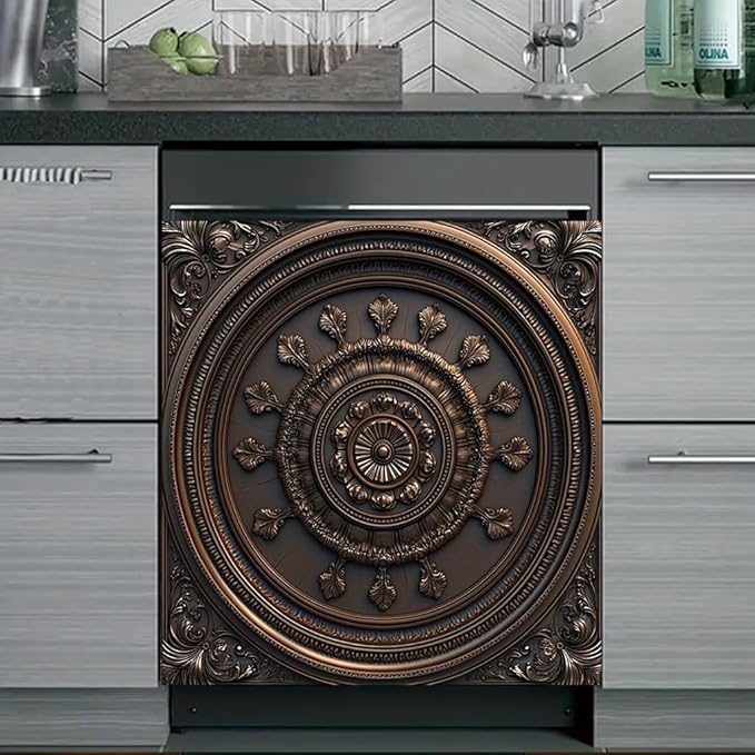 2D Flat Antique Bronze Round Embossed Dishwasher Magnetic Cover 23x26 Inch ClassicOrnamental Pattern Appliance Magnet for Kitchen Decor