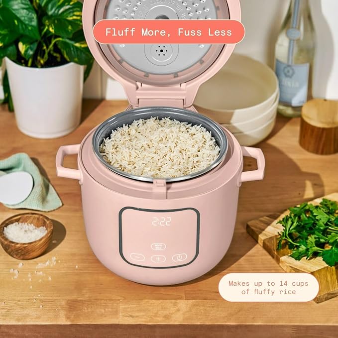 Beautiful 14-Cup Electric Rice & Grain Cooker, Ceramic Nonstick, 8 Presets, Slow Cook, Steamer Tray (Rose)