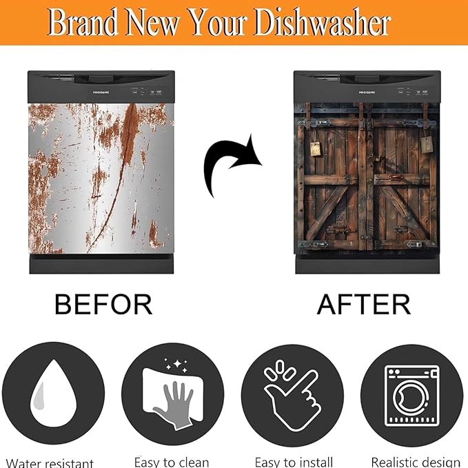 Barn Wooden Door Magnet Dishwasher Cover Panel Magnetic Sticker, Vintage Wooden Door Magnetic Skin Cover for Dishwasher Refrigerator Cabinets (23" x 26" Magnetic)