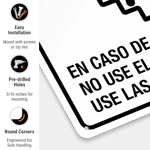 in Case of Fire Do Not Use Elevator Use The Stairs Bilingual Sign, Fire Safety Sign, 10x14 Inches, Rust Free .040 Aluminum, Fade Resistant, Indoor/Outdoor Use, Made in USA