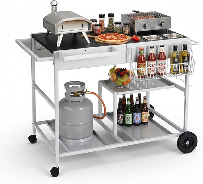 ROVSUN Pizza Oven Grill Table Cart, Movable Food Prep Cart with Pizza Topping Station, Seasoning Shelf, Gas Bottle Space, Outdoor Table Stand for Griddle, Patio, Home, Parties